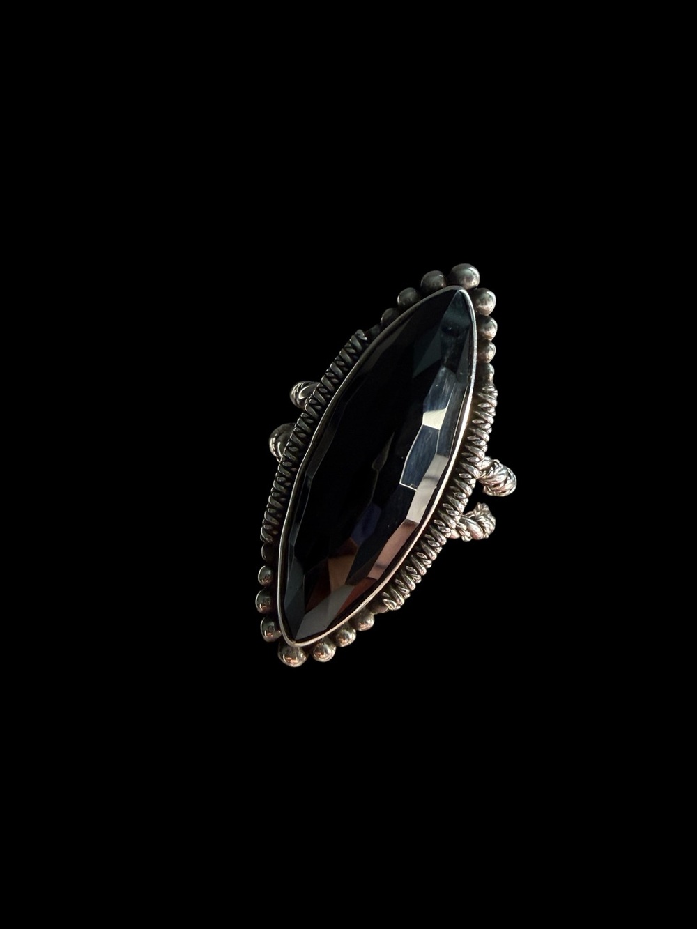 925 Sterling Silver Marquise Black Glass Statement Ring Double Rope Shank Sz 9